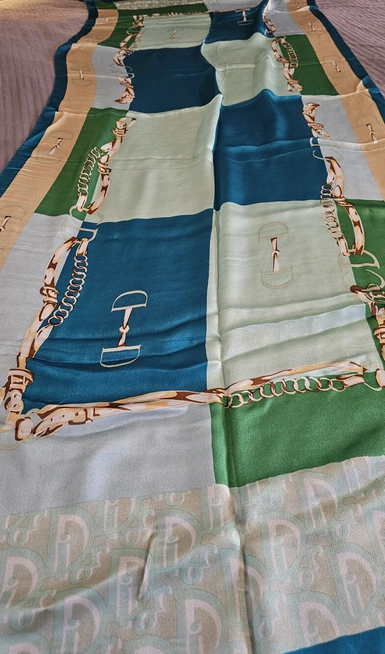 Christian Dior Vintage Silk Scarf Turquoise Equestrian Chain Trotter Monogram
